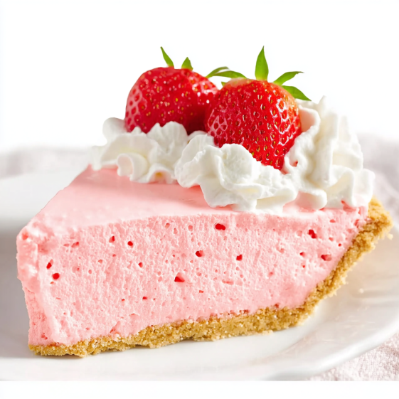 A slice of pink cake with strawberries on top.