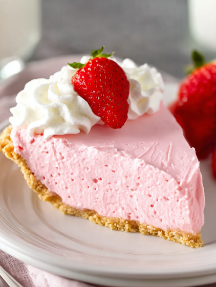 A slice of pink cake with strawberries on top.