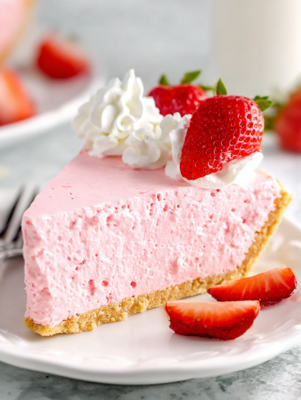 A slice of pink cake with white whipped cream and strawberries.