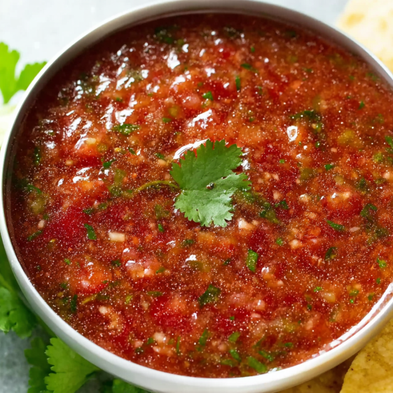 A bowl of salsa with a green garnish.