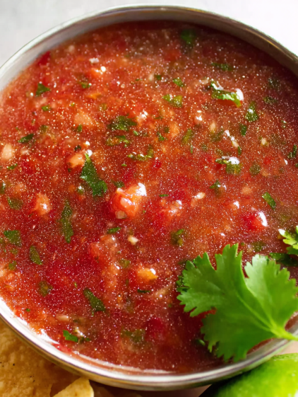 A bowl of red sauce with green herbs.