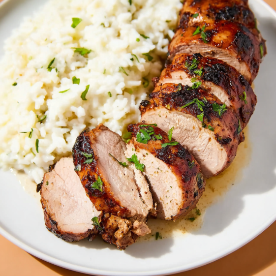 A plate of food with a piece of meat and rice.