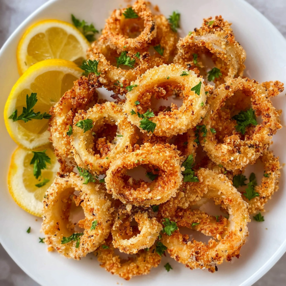 A plate of air fryer calamari with lemon wedges.