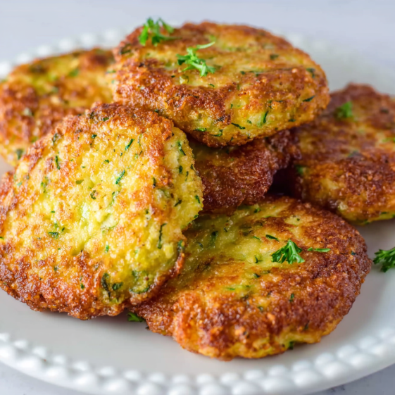 Zucchini fritters on a white plate.