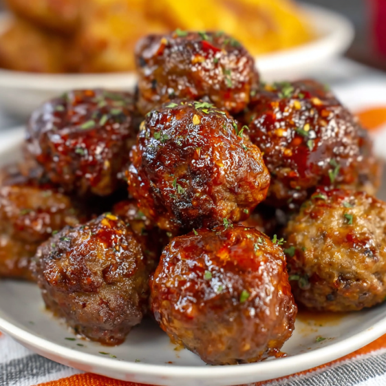 A plate of meatballs with a sauce on top.