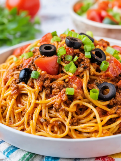 A bowl of spaghetti with meat sauce and black olives.