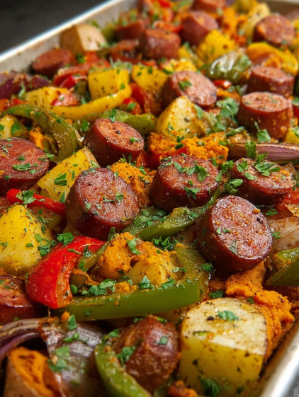 A dish of sausage, potatoes, and peppers.