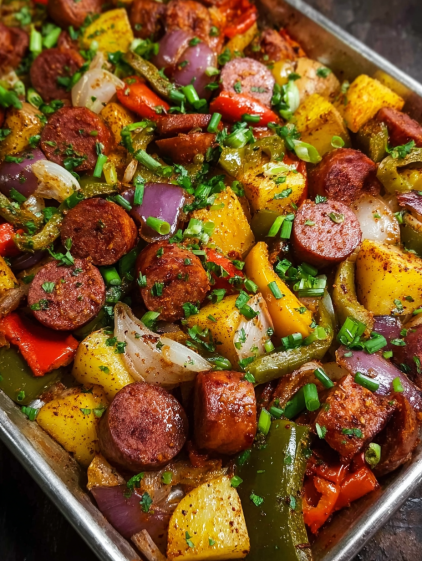A close up of a dish with sausage, peppers, onions, and potatoes.