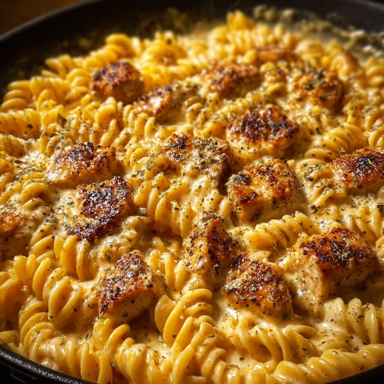 A delicious looking meal of pasta and chicken.