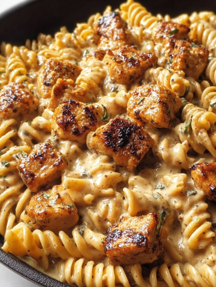 A delicious meal of pasta with chicken and cheese.