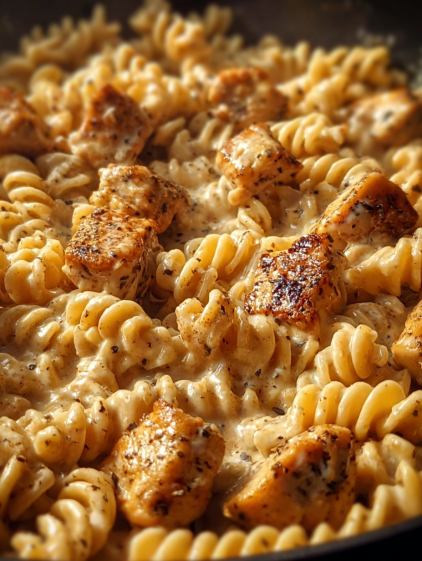 A skillet of pasta with chicken and cheese.