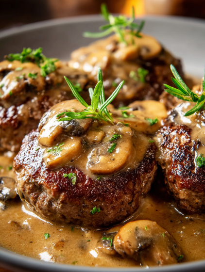 Meat covered in mushrooms and gravy.