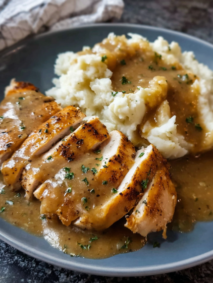 A plate of food with chicken and potatoes.