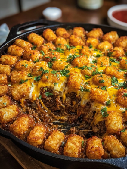 A large pan of food with a variety of ingredients.