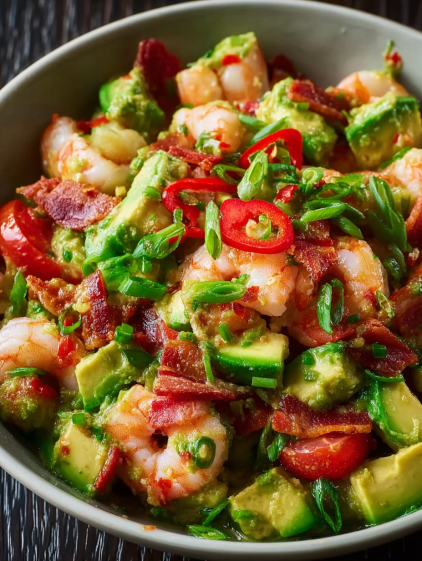 A bowl of shrimp and avocado salad.