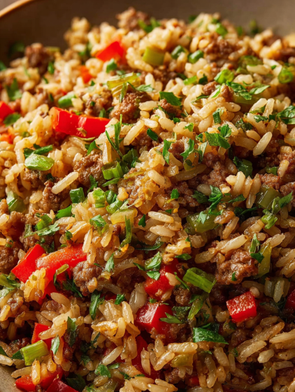 A close up of a dish of dirty rice.