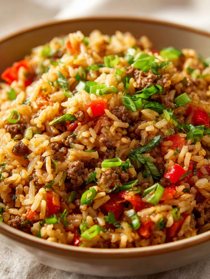 A bowl of rice with meat and vegetables.