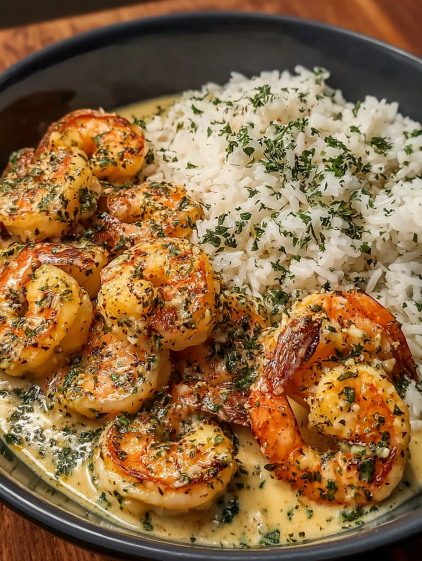 A bowl of shrimp and rice with a creamy garlic butter sauce.
