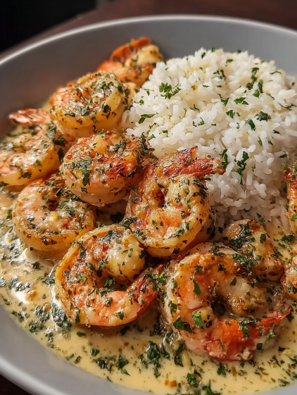 A bowl of shrimp and rice with garlic butter.