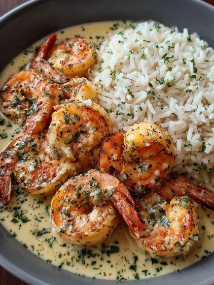 A plate of shrimp with rice and garlic butter.