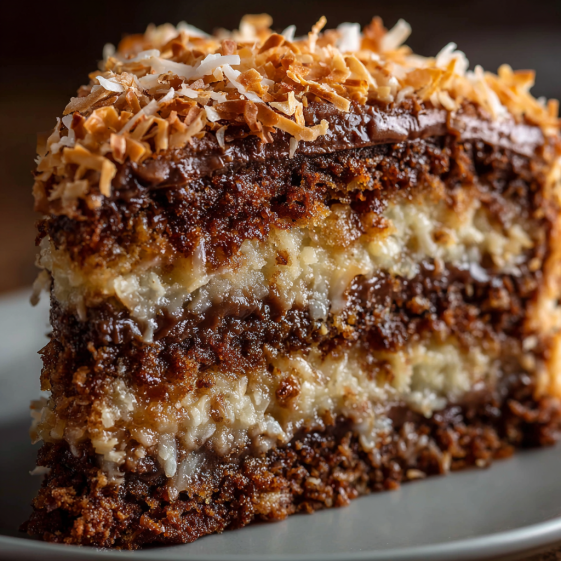 A slice of German Chocolate Cake with coconut and pecans.