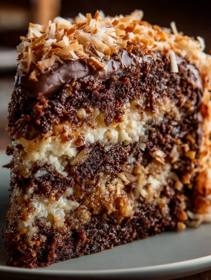 A slice of cake with coconut on top.