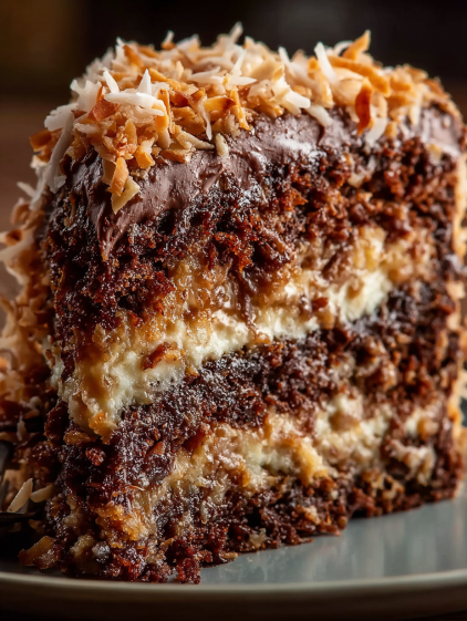 A slice of cake with coconut on top.