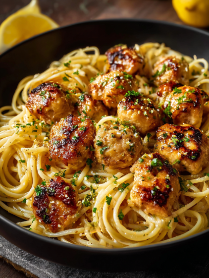 A bowl of delicious lemon parmesan pasta with chicken.