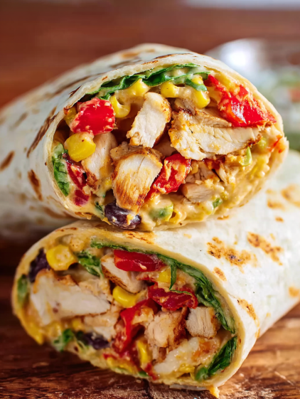 A southwest chicken wrap with corn and tomatoes.