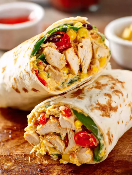 Two Southwest Chicken Wraps on a table.