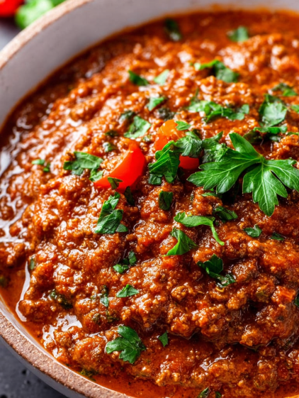 A bowl of chili with green onions and tomatoes.