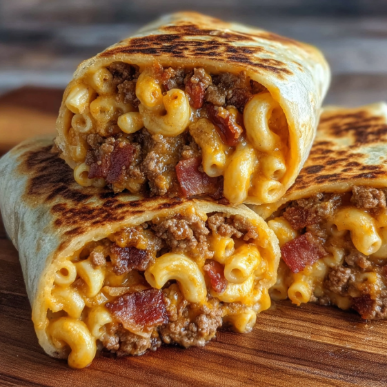 Two mac and cheese bacon burger rolls.