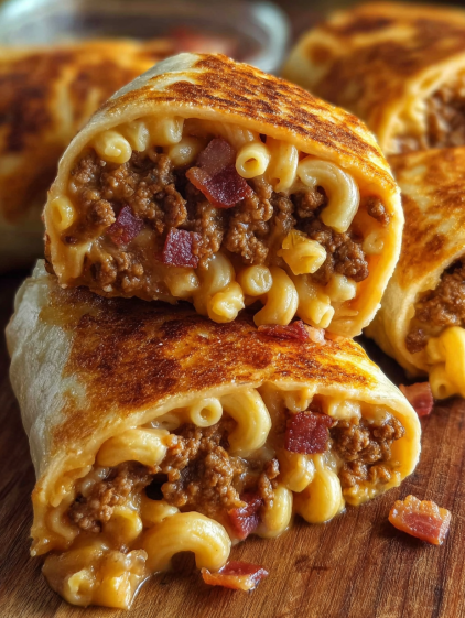 A burrito with macaroni and cheese.