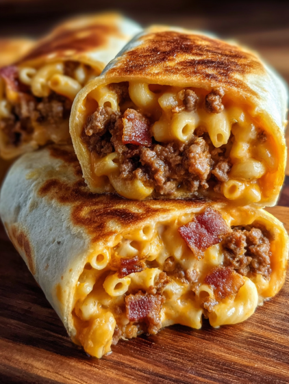 A burrito with macaroni and cheese.
