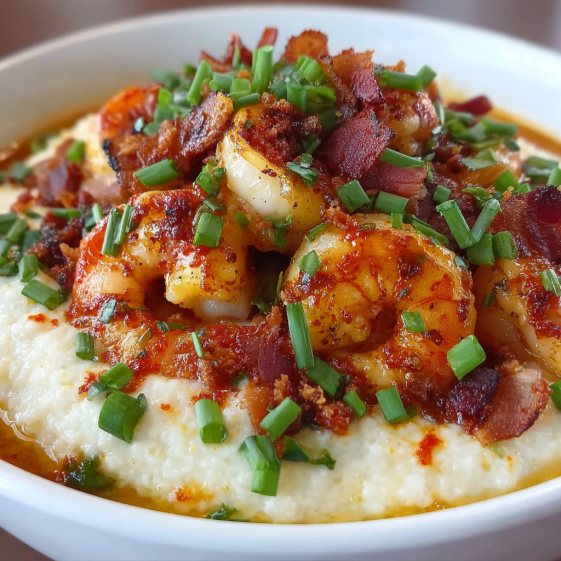 A bowl of shrimp grits with bacon and green onions.