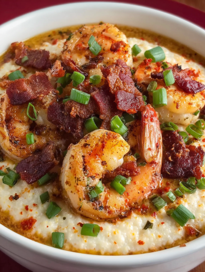 A bowl of shrimp and grits.