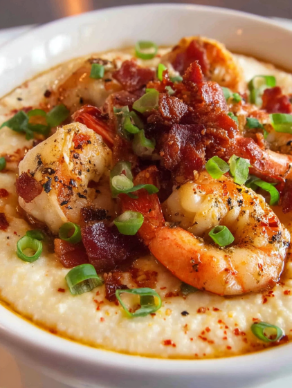 A bowl of shrimp and grits.
