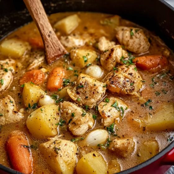 A hearty chicken stew with carrots and onions.