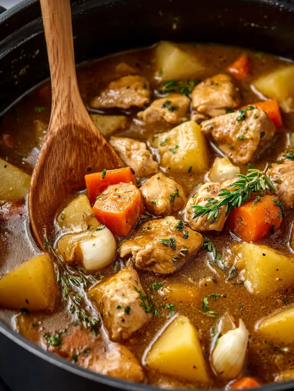 A wooden spoon in a bowl of chicken and vegetables.