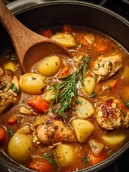 A bowl of soup with chicken and vegetables.