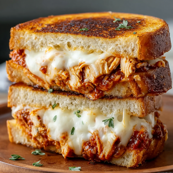 A grilled cheese sandwich with chicken and tomato sauce.