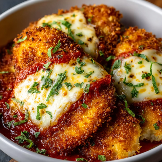 A bowl of cheesy crispy chicken parmesan.