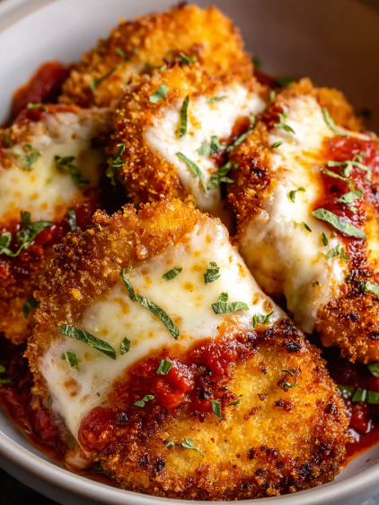 A plate of breaded chicken with marinara sauce.