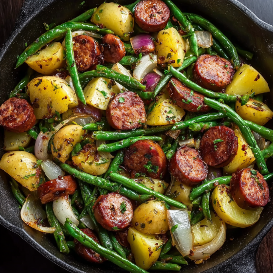 A pan of sausage, green beans and potatoes.