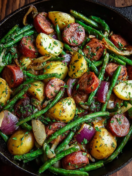 A close up of a delicious meal with sausage, potatoes, green beans, and onions.