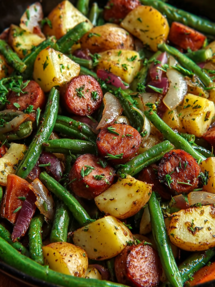 A plate of food with green beans and sausage.
