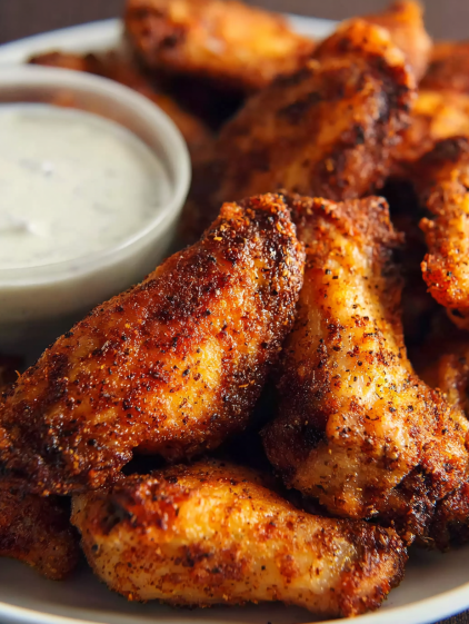 A bowl of sauce with a spoon and a plate of chicken wings.