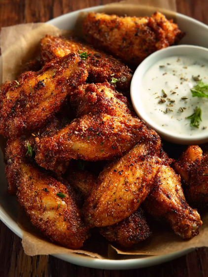 A bowl of chicken wings with a dipping sauce.
