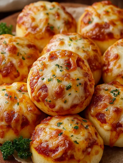Cheesy pizza balls on a plate.