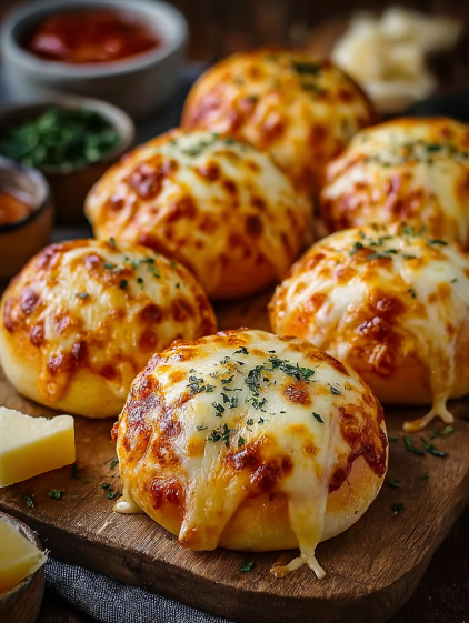 A plate of cheesy pizza bombs.